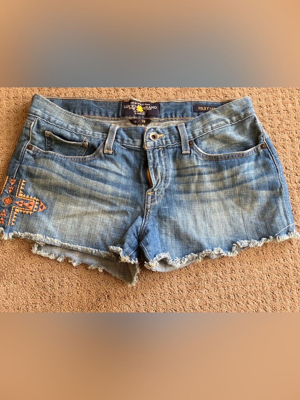 Lucky Brand Distressed Embroidered Denim Shorts - Blue